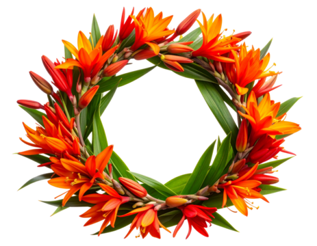 Montbretia Flower Wreath in Warm Summer Tones, isolated on a transparent background.