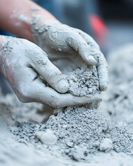 Hands covered in grey clay, meticulously crafting and shaping the earth. A close-up shot showcasing the texture and detail of the clay.