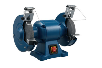 Blue bench grinder tool with grinding wheels isolated on transparent background