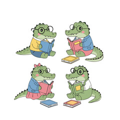 Charming Cartoon Alligator Reading Book Cute Animal Illustration Asset Design