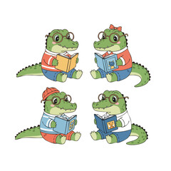 Cartoon Handdrawn Alligator Reading Book Character Education Illustration