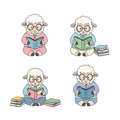Cute Cartoon Sheep Reading Book in Different Color Illustration