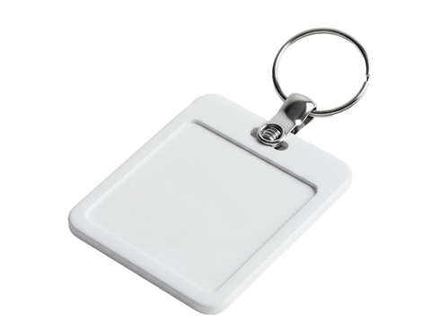 A rectangular blank white sublimation keychain accessory with a silver metal keyring and a clip isolated on a transparent background