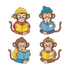 Flat Illustration Four Different Style Monkey Reading Book Education Concept