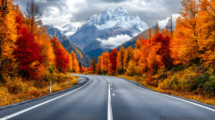Naklejka premium Scenic autumn road winding through vibrant fall foliage, leading to majestic snow-capped mountains. A picturesque journey through nature's vibrant palette.