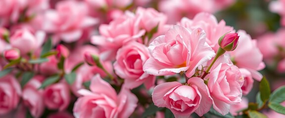 Softly blurred background of delicate pink rose blossoms, lush petals, delicate, garden