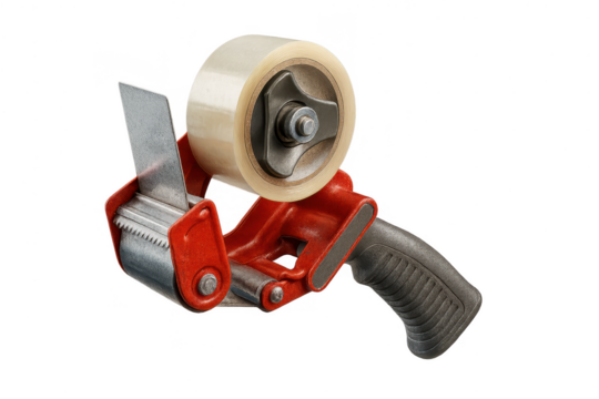 Red tape dispenser with clear packing tape isolated on transparent background.