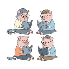 Cute Handdrawn Pig Character Reading Book Illustration Design Element