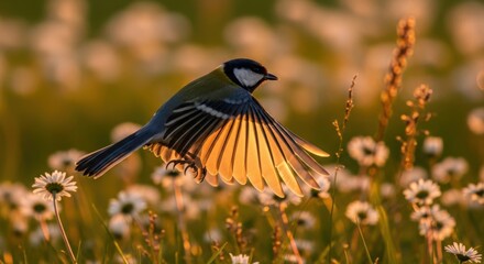 Great Tit Bird in Flight Over Daisy Field at Sunset