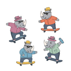 Handdrawn Funny Rhino on Skateboard Character in Various Outfit Illustration