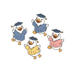 Cute Handdrawn Graduation Duckling Character Wearing Gown and Cap Illustration