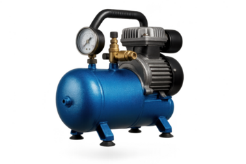 Compact blue air compressor with pressure gauge, isolated on transparent background