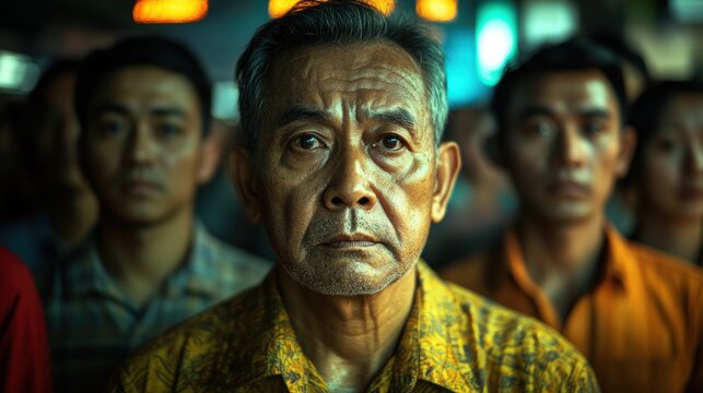 Elderly man, serious expression, crowd