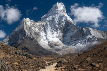 a mountain range with a river running through it and snow capped mountains in the background, with a blue sky