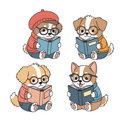 Handdrawn Cute Puppy Reading Book with Glasses Animal Illustration