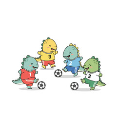 Playful Handdrawn Dinosaur Team Playing Football Match Illustration