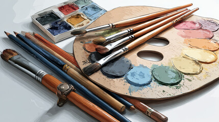 Obraz premium Vector graphic of a painterâ€™s palette with brushes and pencils, using transparent layers to depict light and shadow effects