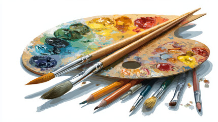 Obraz premium Vector graphic of a painterâ€™s palette with brushes and pencils, using transparent layers to depict light and shadow effects