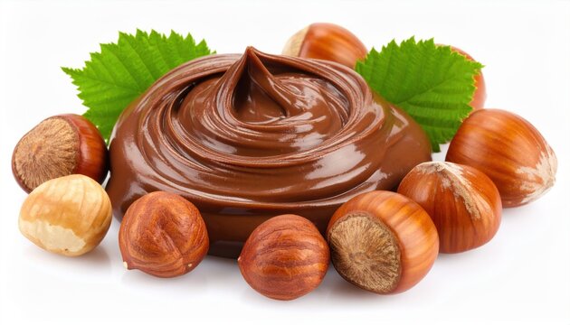 Creamy chocolate hazelnut spread surrounded by whole hazelnuts and green leaves on white backdrop