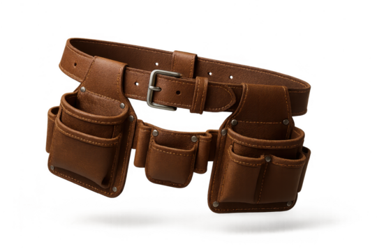 Professional brown leather tool belt, isolated on transparent background