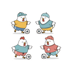 Cute Cartoon Style Chickens Playing Soccer Adorable Animal Illustration Set