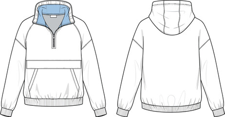 Half zip hoodie vector illustration, technical fashion drawing, pullover jacket flat sketch, front and back view, apparel template design © Shafik Creatives