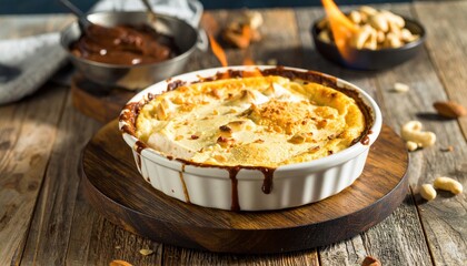 Delicious homemade dessert in a white dish, served on a wooden board with toppings nearby