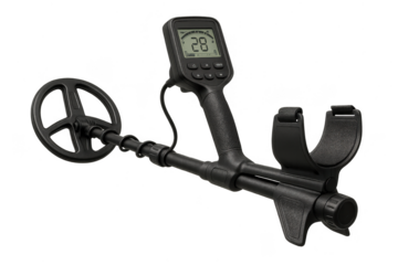 Modern black metal detector isolated on transparent background, exploration equipment