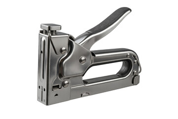 Shiny metallic staple gun tool isolated on transparent background, professional