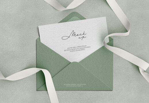 Envelope and Card Stationery Mockup with Ribbons Decoration