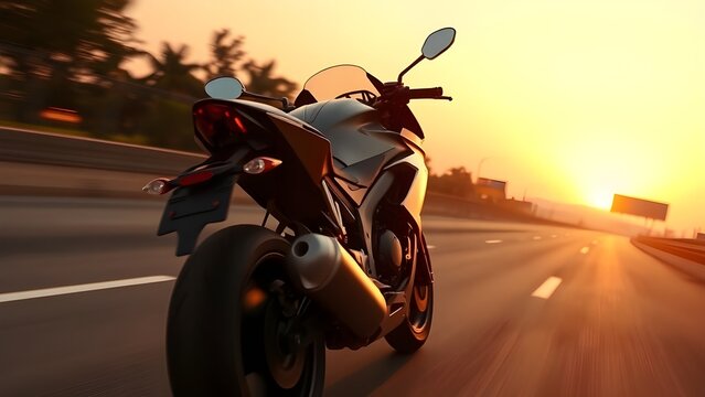 노을빛이 내려오는 도로 위로 달려가는 오토바이a motorbike running over a road in the sunset