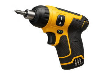 Modern yellow cordless screwdriver tool isolated on transparent background