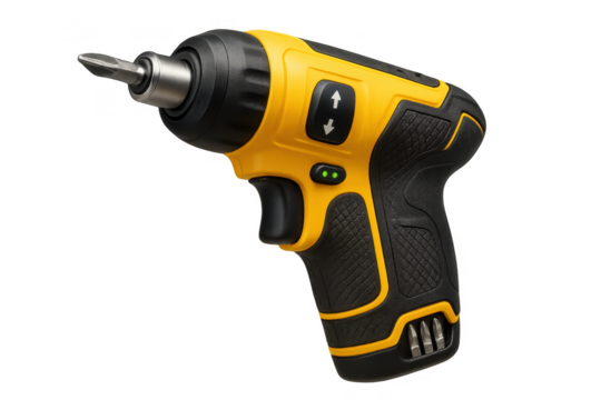 Modern yellow cordless screwdriver tool isolated on transparent background