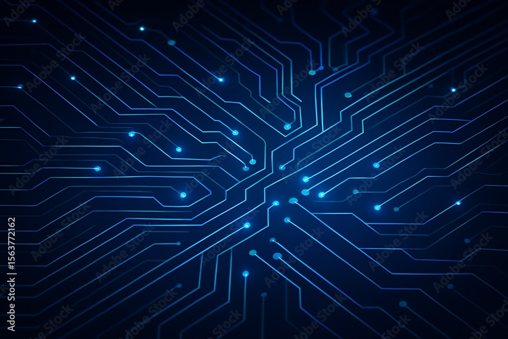 Wall mural abstract glowing blue circuit board lines with illuminated nodes on a dark background