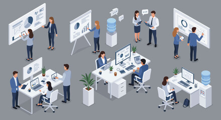 This detailed isometric illustration captures various business professionals engaged in collaborative office work, data analysis, and presentations.