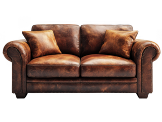 Distressed brown leather sofa isolated on transparent background