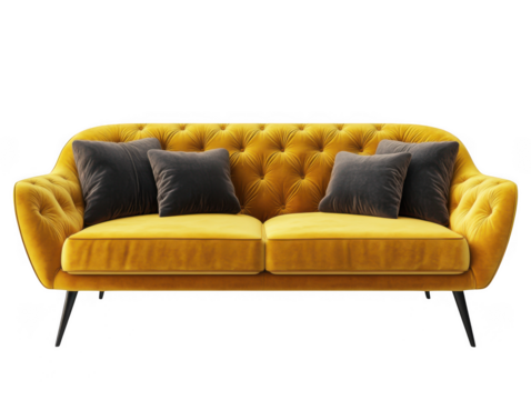 Mustard yellow velvet sofa with dark grey pillows isolated on transparent background