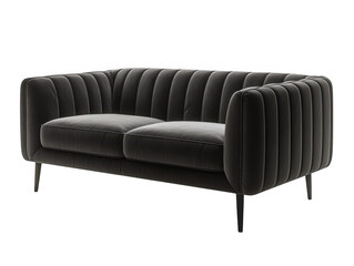 Dark gray velvet channel tufted sofa isolated on transparent background