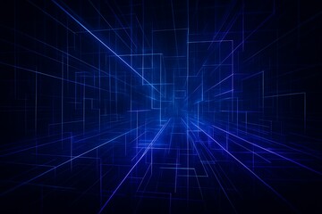 Fototapeta premium Abstract blue glowing grid lines receding into a dark digital tunnel