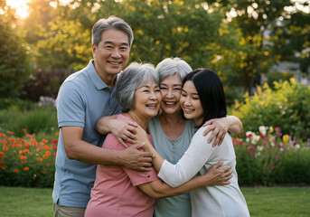 Fototapeta premium Asian Family Embracing in Garden, Smiling, Happy, Multi-Generational, Outdoors, Sunlight.