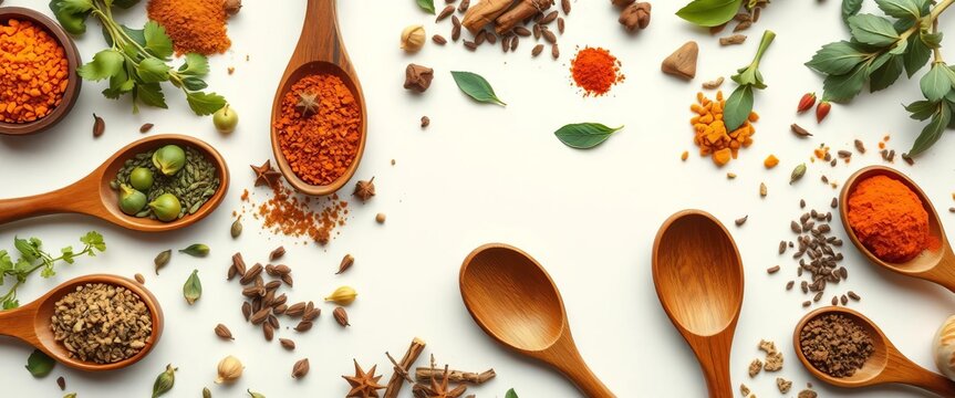 Aromatic Indian spices and herbs in rustic wooden spoons on a white background, garlic, cooking