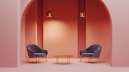 Minimalist room with two armchairs and a coffee table.