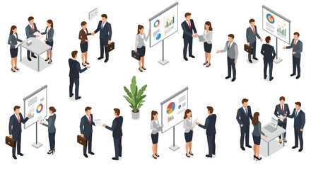 Isometric illustration of diverse businesspeople collaborating on projects, presentations, and meetings, showcasing teamwork, communication, and modern business practices in a professional setting.