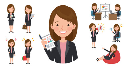 A cheerful young businesswoman is shown in various poses, including working at her desk, giving presentations, using a tablet, and relaxing, representing diverse business activities and work-life