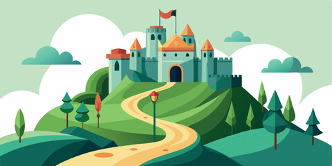 Fairytale Castle Hilltop Scene: Whimsical, Flat Design, Green Landscape, Winding Path, Charming Illustration for Children's Books, Fantasy Games, and Websites.