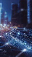 Futuristic Urban Landscape: Blurred City Lights and Dynamic Digital Connections