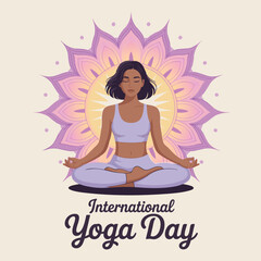 Woman in Lotus Pose: A serene woman practices yoga in a lotus pose, centered within a vibrant mandala, celebrating International Yoga Day.  