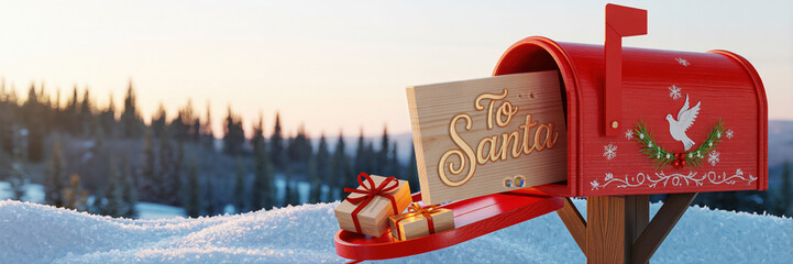 Bright Red Mailbox Decorated for Christmas With a Letter Addressed to Santa Claus in a Snowy Landscape at Sunset