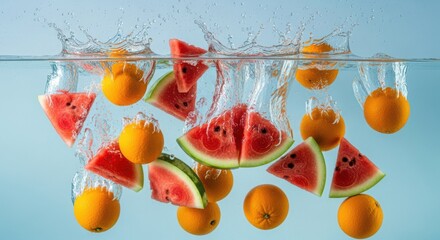 Fresh Summer Fruits Dropping Into Water Splash
