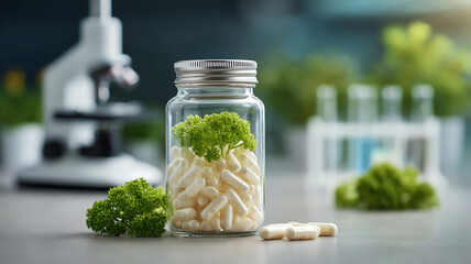 Glass jar with white capsules green herb laboratory background microscope test tube supplement health science clean fresh